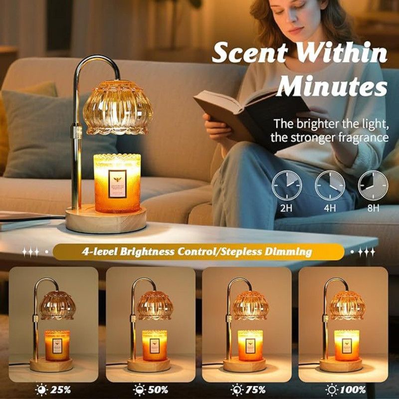 Adjustable Timed Dimmable Candle Warmer Lamp, Wooden Base Smokeless Aroma Table Lamp, Candle Not Included—Pink