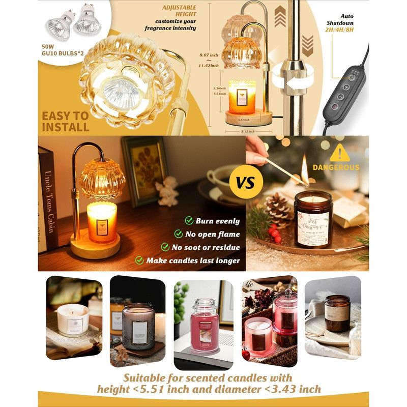 Adjustable Timed Dimmable Candle Warmer Lamp, Wooden Base Smokeless Aroma Table Lamp, Candle Not Included—Pink