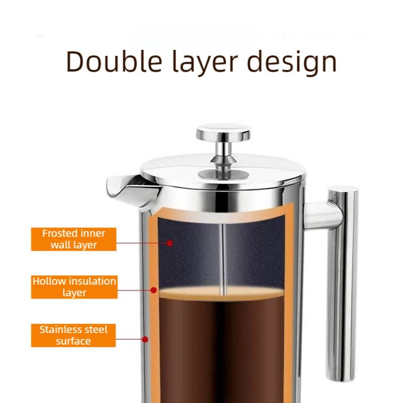 304 Stainless Steel French Press Coffee Maker, Household Hand-Brew Coffee Pot, Tea Filter Pot—1500ML