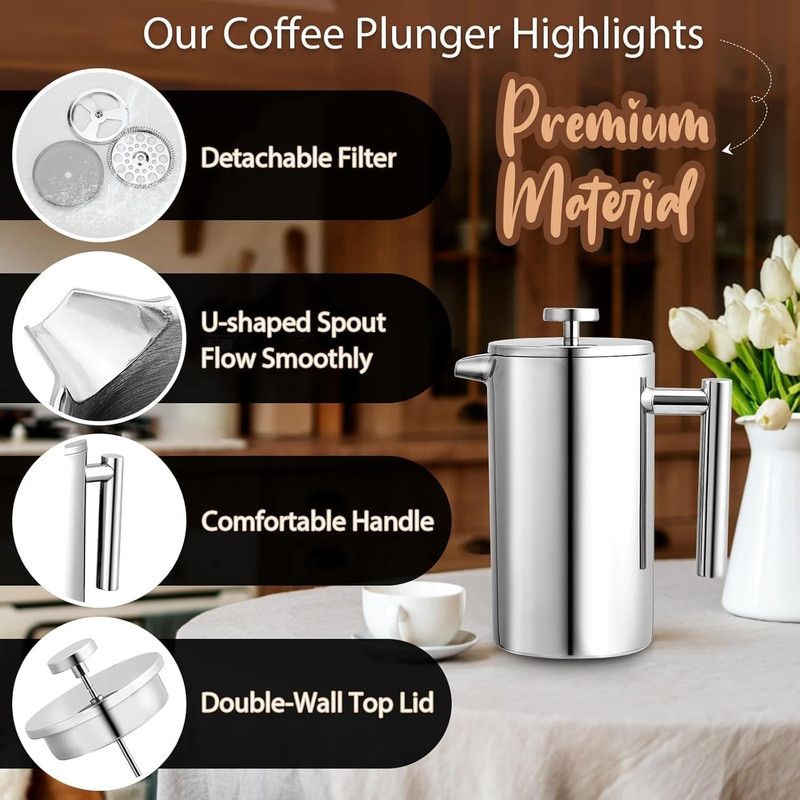 304 Stainless Steel French Press Coffee Maker, Household Hand-Brew Coffee Pot, Tea Filter Pot—350 mL