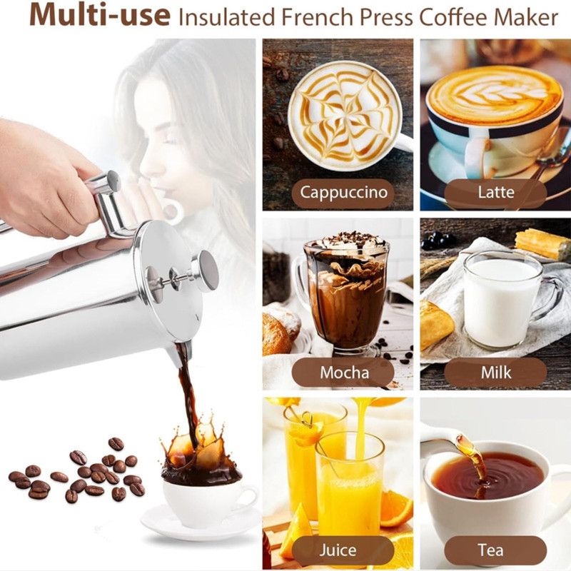 304 Stainless Steel French Press Coffee Maker, Household Hand-Brew Coffee Pot, Includes One Filter—800ML