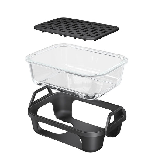 Air Fryer Glass Baking Tray Insert with Drain Rack & Support Frame, Heat Resistant Food Safe Cooking Container-Black
