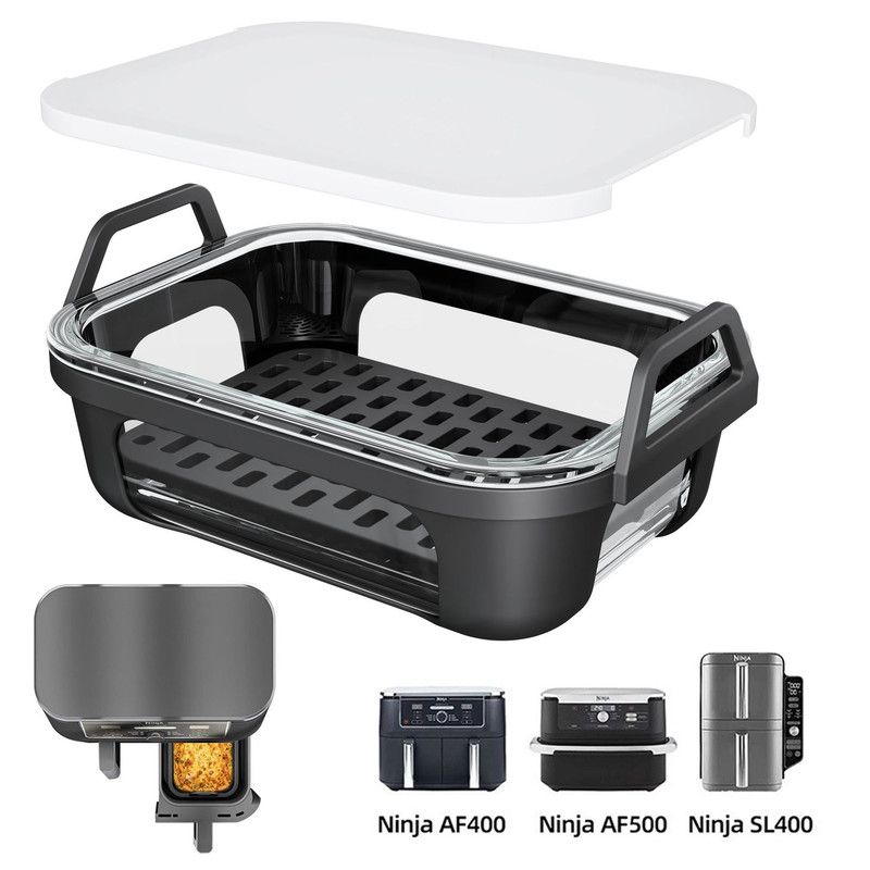 Air Fryer Glass Baking Tray Insert with Drain Rack & Support Frame, Heat Resistant Food Safe Cooking Container-Black