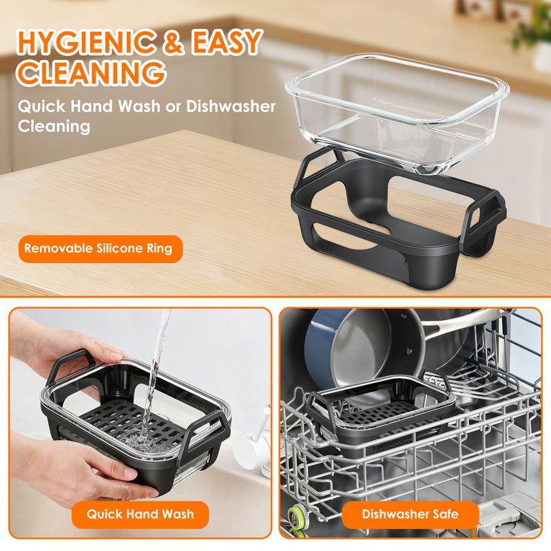 Air Fryer Glass Baking Tray Insert with Drain Rack & Support Frame, Heat Resistant Food Safe Cooking Container-Black