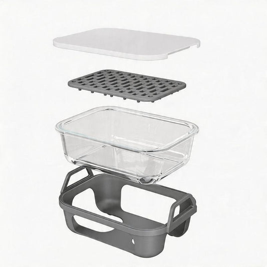 Air Fryer Glass Baking Tray Insert with Drain Rack & Support Frame, Heat Resistant Food Safe Cooking Container-Gray