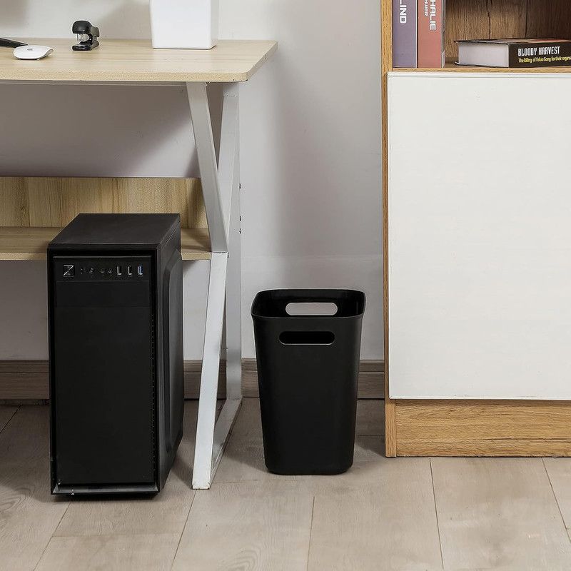 Slim Rectangular Bathroom Waste Bin, Narrow Profile Rubbish Bin with Carry Handles, Space Saving Bin for Toilet, Vanity, Laundry Room-Black