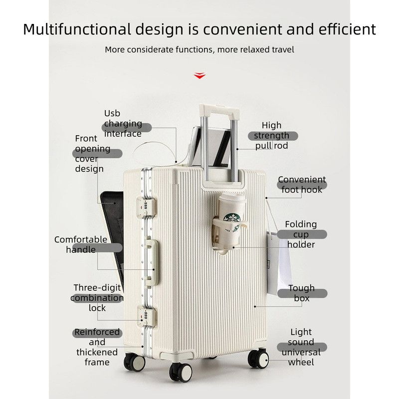 20 Inch Front Opening Carry On Luggage, Aluminium Frame Hard Shell Suitcase with Spinner Wheels, TSA Lock Cabin Travel Case-White