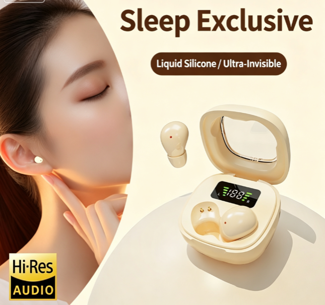 Y19 Mini Hidden Sleep Wireless Bluetooth Earbuds with LED Digital Display，Cream Skin