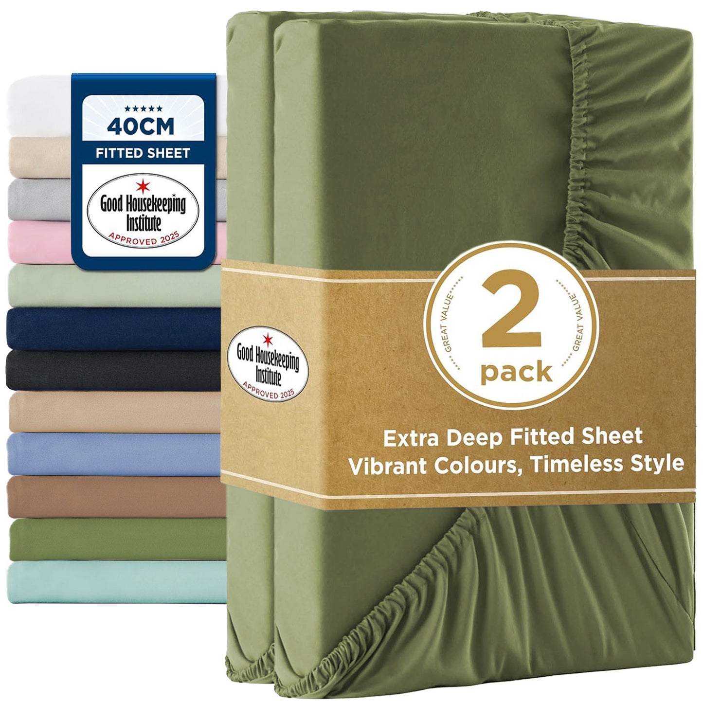 2000TC Hotel Quality Fitted Sheets - 2 Piece Fitted Sheets  -Breathable Bedding - Wrinkle, Fade, Stain Resistant- 16inch/40cm Deep Pocket Fitted Bed Sheets-Wrinkle and Fade Resistant,(Olive green,King)