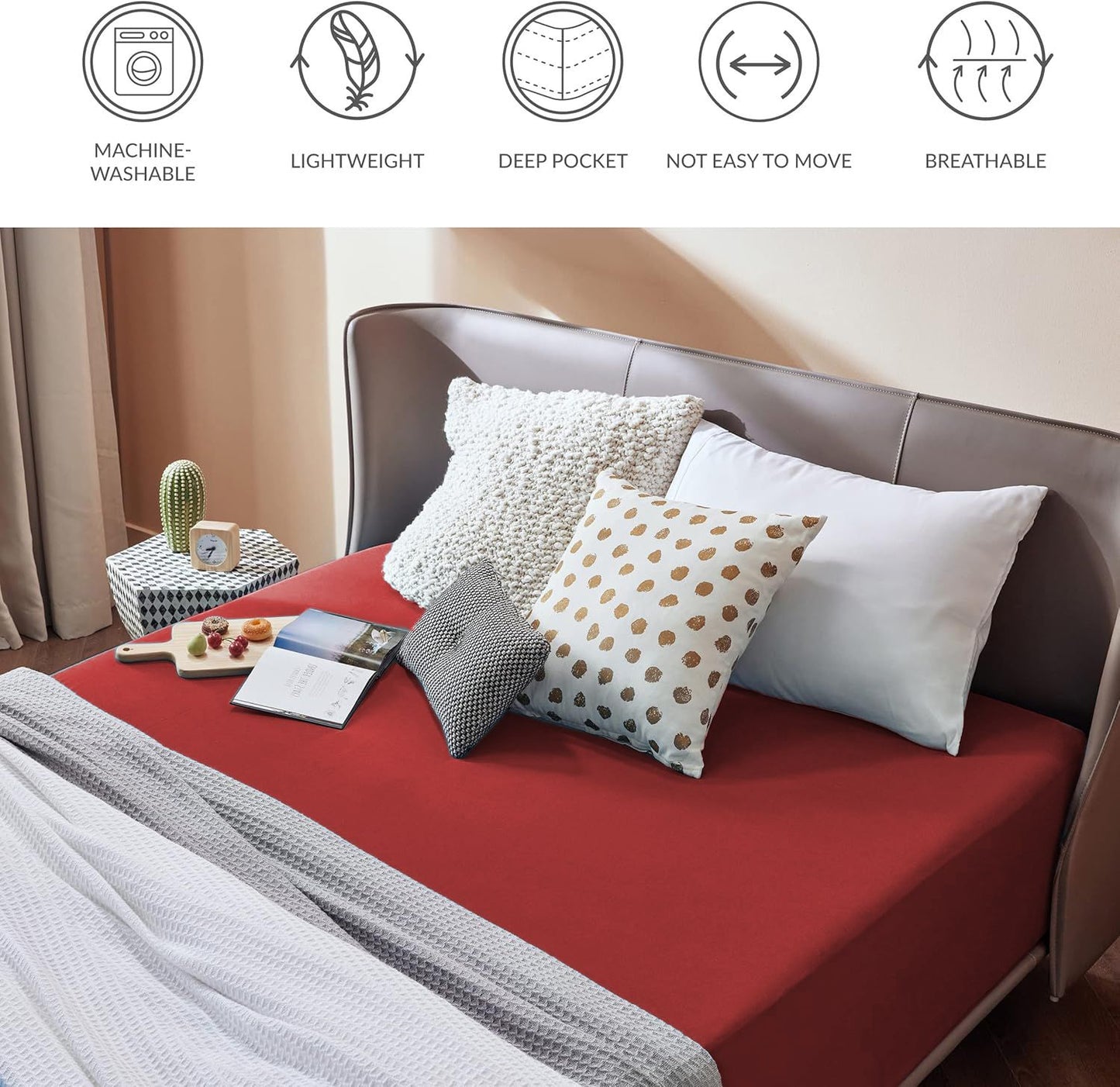 2000TC Hotel Quality Fitted Sheets - 2 Piece Fitted Sheets  -Breathable Bedding - Wrinkle, Fade, Stain Resistant- 16inch/40cm Deep Pocket Fitted Bed Sheets-Wrinkle and Fade Resistant,(Red,King Single)
