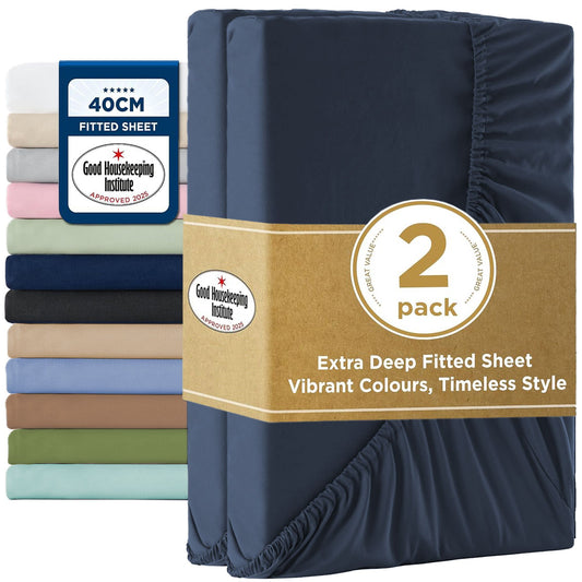 2000TC Hotel Quality Fitted Sheets - 2 Piece Fitted Sheets  -Breathable Bedding - Wrinkle, Fade, Stain Resistant- 16inch/40cm Deep Pocket Fitted Bed Sheets-Wrinkle and Fade Resistant,(Navy,King Single)