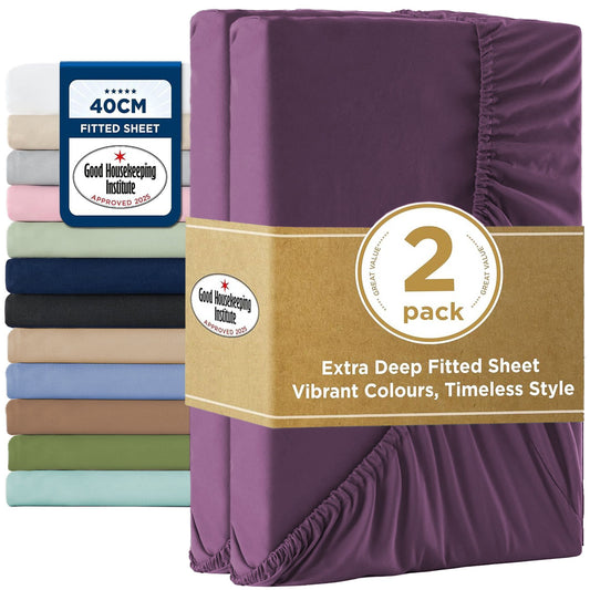 2000TC Hotel Quality Fitted Sheets - 2 Piece Fitted Sheets  -Breathable Bedding - Wrinkle, Fade, Stain Resistant- 16inch/40cm Deep Pocket Fitted Bed Sheets-Wrinkle and Fade Resistant,(Purple,King Single)