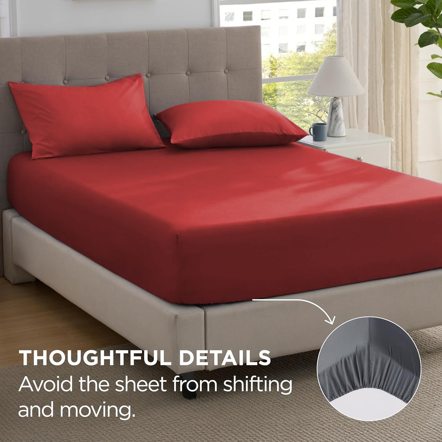 2000TC Hotel Quality Fitted Sheets - 2 Piece Fitted Sheets  -Breathable Bedding - Wrinkle, Fade, Stain Resistant- 16inch/40cm Deep Pocket Fitted Bed Sheets-Wrinkle and Fade Resistant,(Red,Queen)