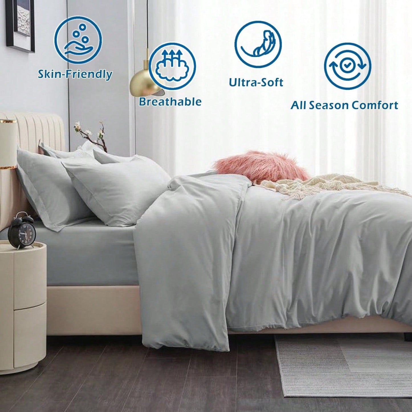 Hotel Soft Microfiber Duvet Cover Set-2000TC Quilt Cover Set & Pillowcases -1 Donna Cover Zipper Closure & 1 x Pillowcases-Breathable Bedding - Wrinkle, Fade, Stain Resistant(Silver-gray,Double)
