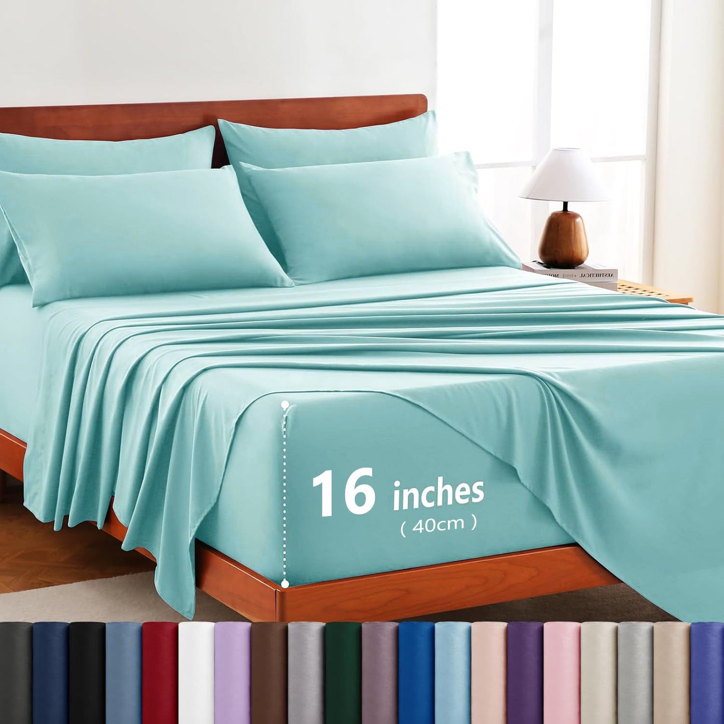 Hotel Soft Bed Sheet Set- Bedding Sheets & Pillowcases -Breathable Bedding - Wrinkle, Fade, Stain Resistant-Deep Pocket Flat Fitted Bed Sheet Set(Ice Blue,Double)