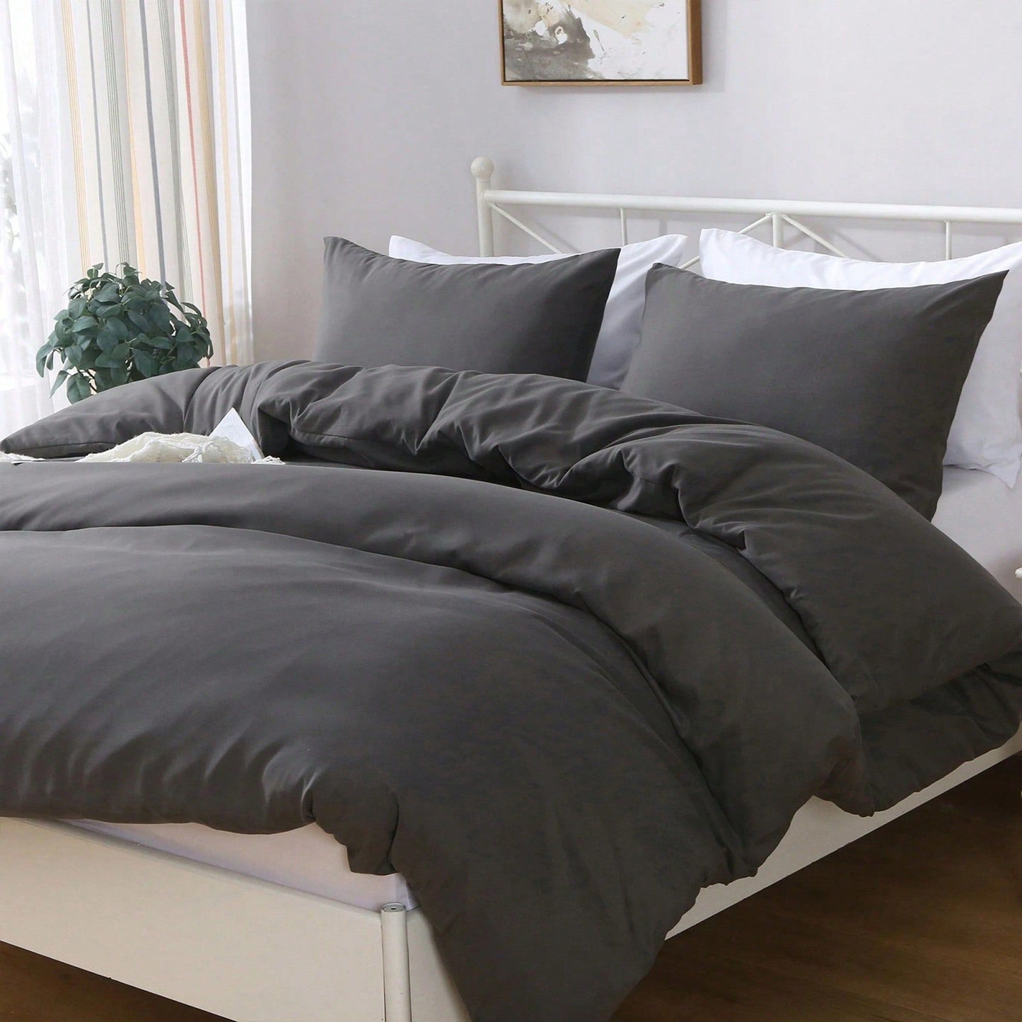 Hotel Soft Microfiber Duvet Cover Set-2000TC Quilt Cover Set & Pillowcases -1 Donna Cover Zipper Closure & 1 x Pillowcases-Breathable Bedding - Wrinkle, Fade, Stain Resistant(Dark gray,King Single)