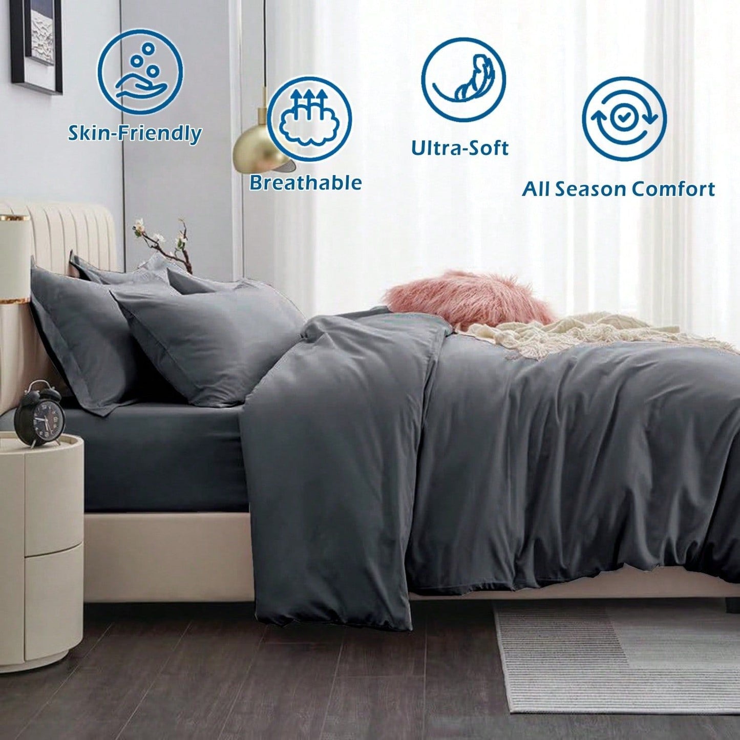 Hotel Soft Microfiber Duvet Cover Set-2000TC Quilt Cover Set & Pillowcases -1 Donna Cover Zipper Closure & 1 x Pillowcases-Breathable Bedding - Wrinkle, Fade, Stain Resistant(Dark gray,King Single)
