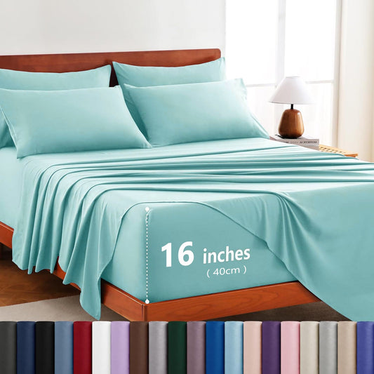Hotel Soft Bed Sheet Set- Bedding Sheets & Pillowcases -Breathable Bedding - Wrinkle, Fade, Stain Resistant-Deep Pocket Flat Fitted Bed Sheet Set(Ice Blue,King Single)
