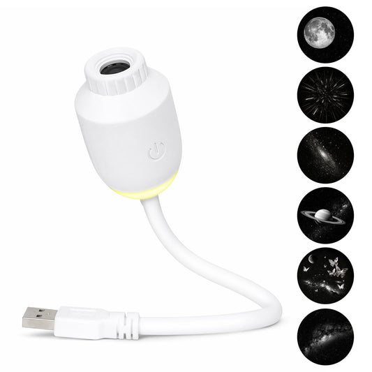 USB-Powered Starry Night Projector Lamp with 6 Interchangeable Slides, Create a Romantic Galaxy Atmosphere for Bedroom, Car, or Party Decor, Touch Control with 3 Brightness Levels (White)