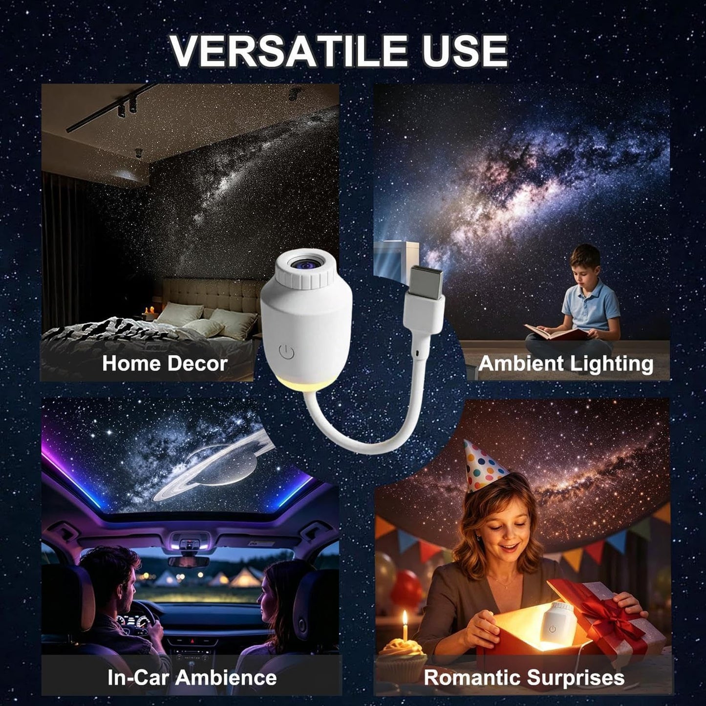 USB-Powered Starry Night Projector Lamp with 6 Interchangeable Slides, Create a Romantic Galaxy Atmosphere for Bedroom, Car, or Party Decor, Touch Control with 3 Brightness Levels (White)