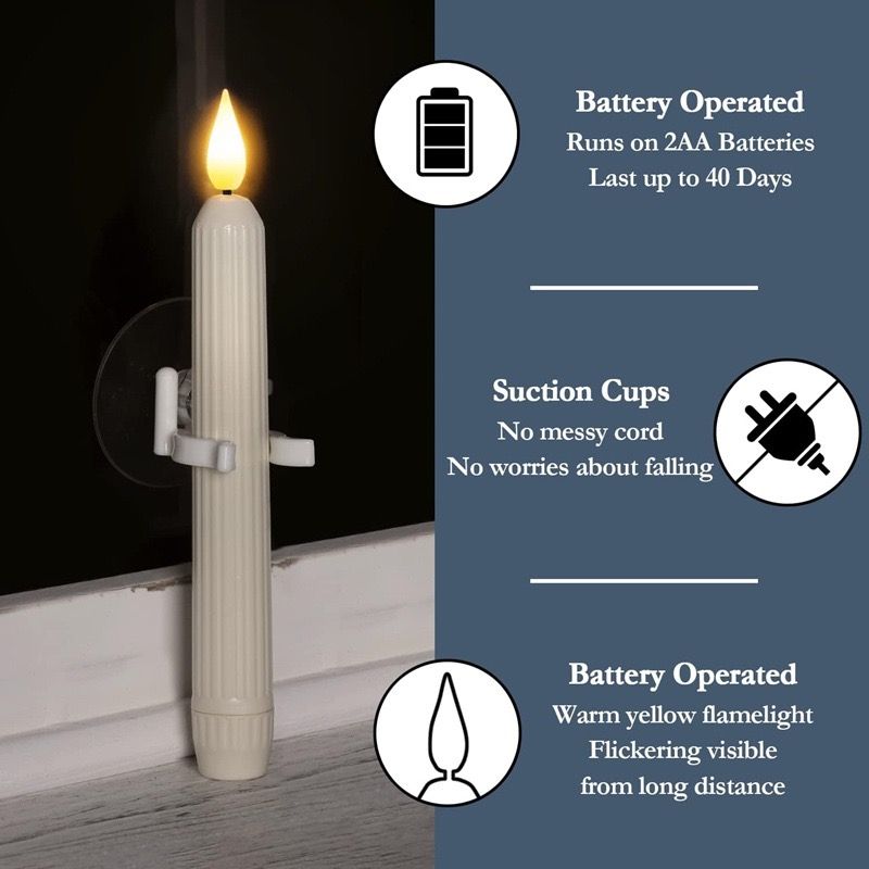 Set of 6 LED Flickering Window Candles with Light Sensor, Battery Operated Dusk to Dawn Auto-On/Off, Realistic 3D Flame, Suction Cup Mount for Christmas Holiday Home Decor (White)