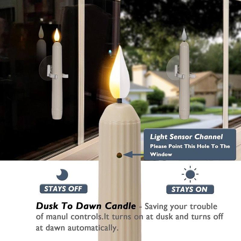 Set of 6 LED Flickering Window Candles with Light Sensor, Battery Operated Dusk to Dawn Auto-On/Off, Realistic 3D Flame, Suction Cup Mount for Christmas Holiday Home Decor (White)