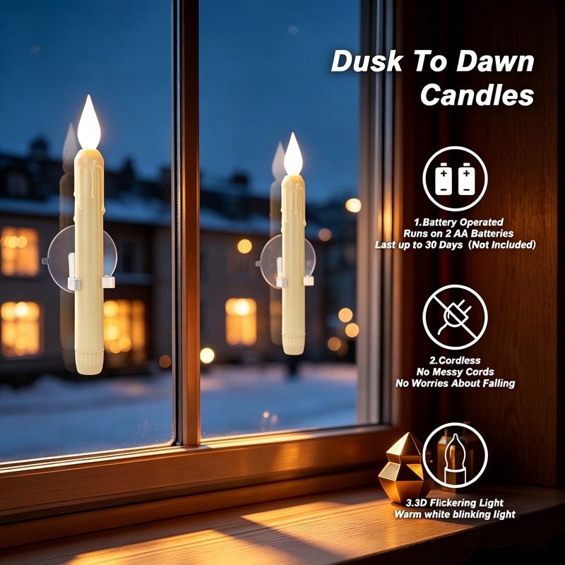 Set of 6 LED Flickering Window Candles with Light Sensor, Battery Operated Dusk to Dawn Auto-On/Off, Realistic 3D Flame, Suction Cup Mount for Christmas Holiday Home Decor (White)