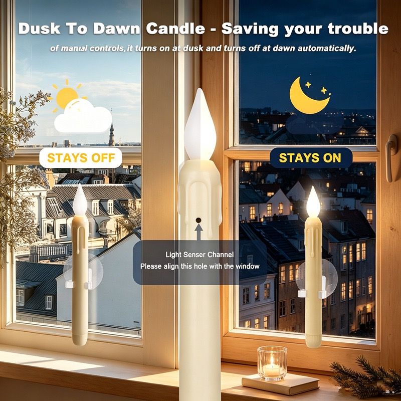 Set of 6 LED Flickering Window Candles with Light Sensor, Battery Operated Dusk to Dawn Auto-On/Off, Realistic 3D Flame, Suction Cup Mount for Christmas Holiday Home Decor (White)