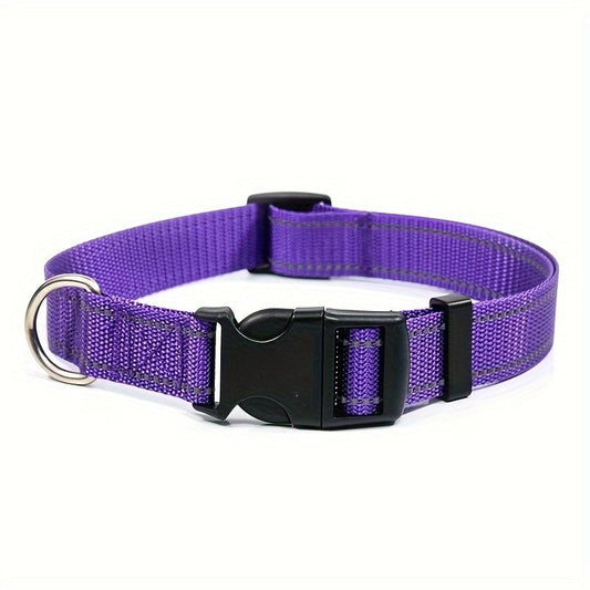 Reflective Dog Collar with Adjustable Nylon Webbing – Safe & Visible Pet Gear for Walks, Outdoor Adventures, and Nighttime Visibility (L, Purple)