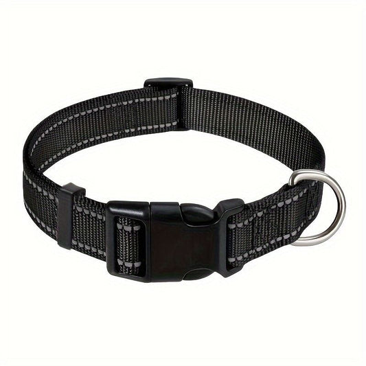 Reflective Dog Collar with Adjustable Nylon Webbing – Safe & Visible Pet Gear for Walks, Outdoor Adventures, and Nighttime Visibility (XS, Black)