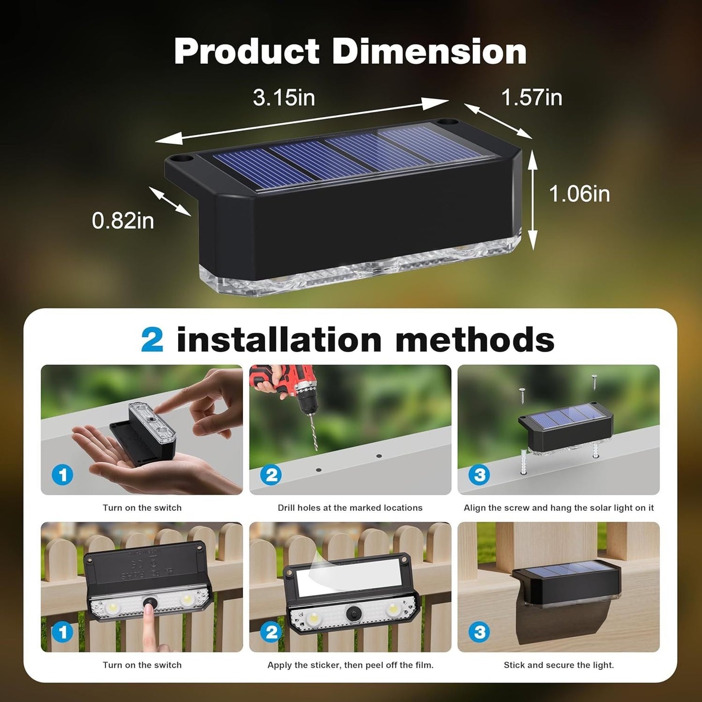 Solar Powered Outdoor Fence Light, Warm White Decorative Garden Rail Light with Auto On/Off, Easy Installation for Patio, Deck, and Yard Illumination (3PCS, WhiteLight)