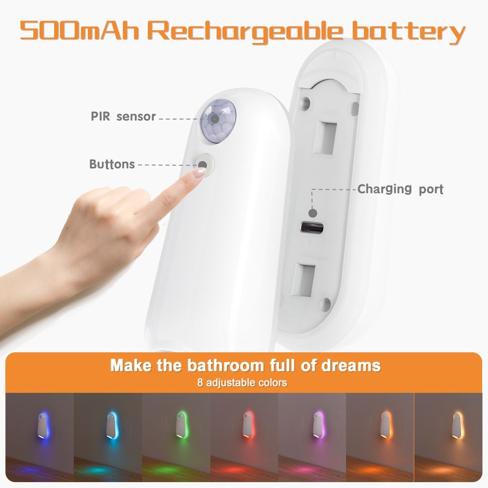 2-in-1 Motion Sensor Night Light with Toilet Light Function, 8 Color RGB Glow, Waterproof Rechargeable LED Lamp for Nighttime Use in Bathroom, Stairway, Hallway, and Bedside (1PCS)