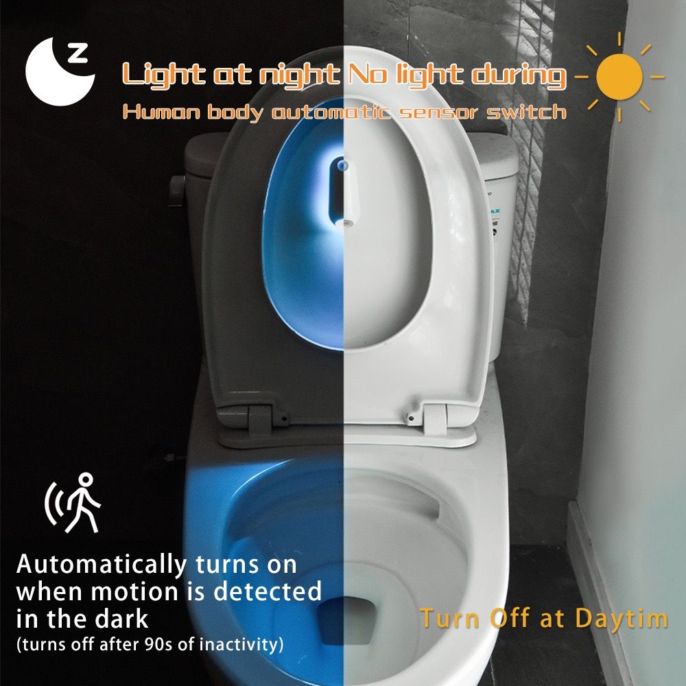 2-in-1 Motion Sensor Night Light with Toilet Light Function, 8 Color RGB Glow, Waterproof Rechargeable LED Lamp for Nighttime Use in Bathroom, Stairway, Hallway, and Bedside (2PCS)