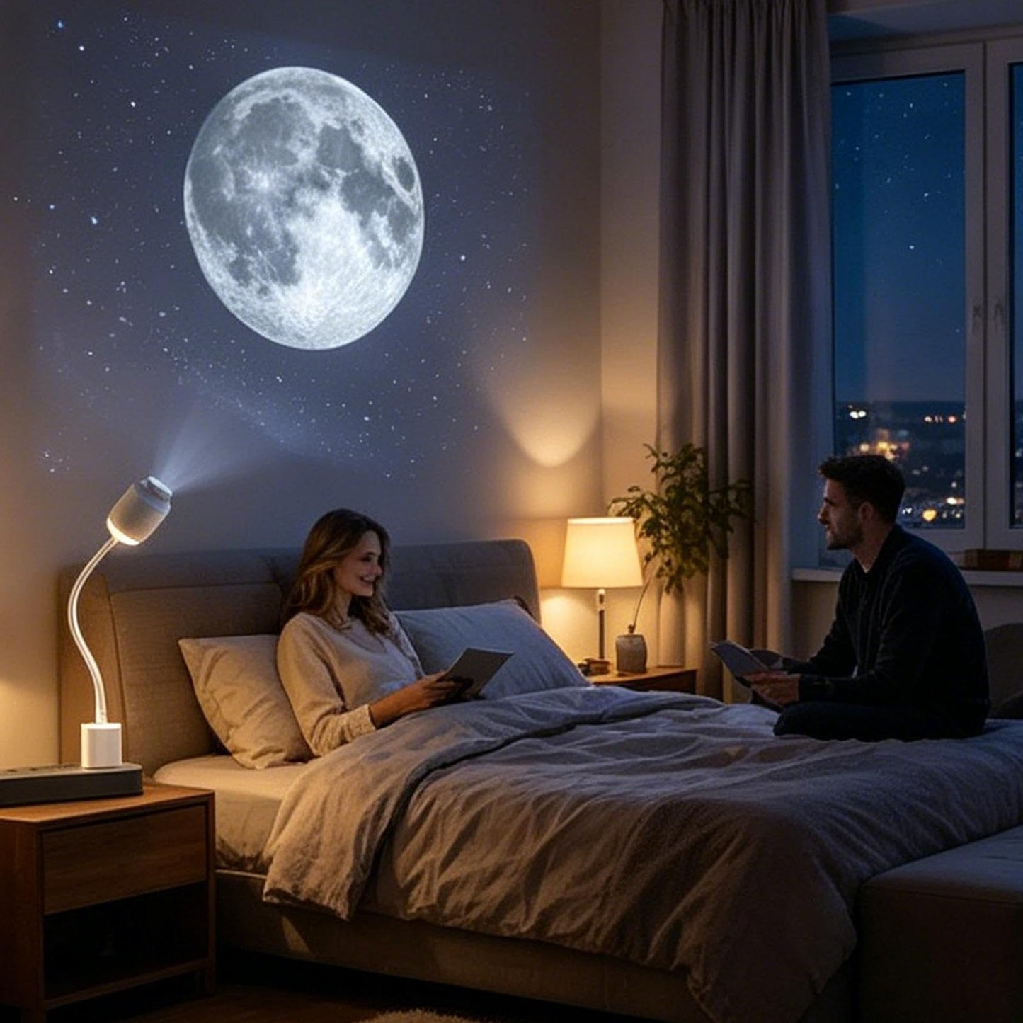 USB-Powered Star Projector Night Light with Interchangeable Film Slides – Create a Romantic Galaxy Ambiance in Your Bedroom, Car, or Party Space with Adjustable Focus and 160° Projection (White)