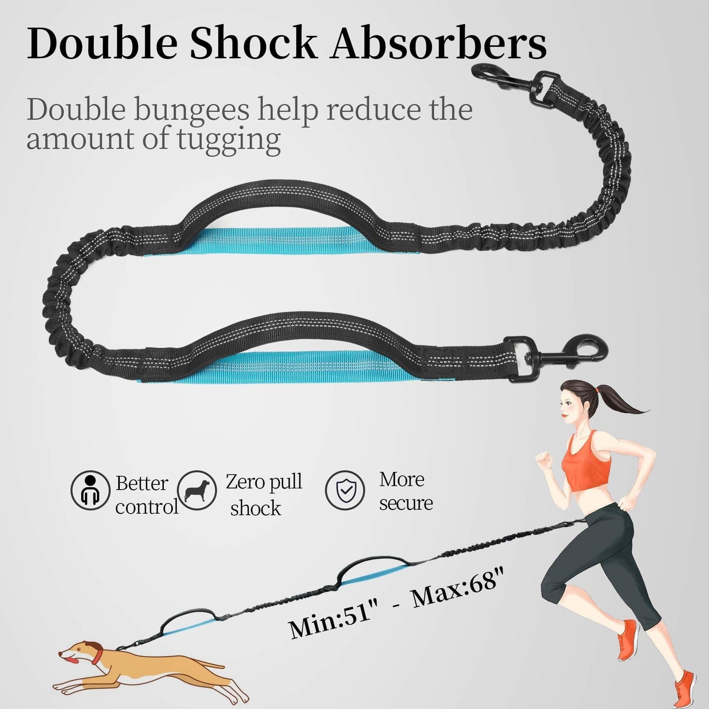 Hands-Free Dog Leash Set with Waist Belt and Storage Pouch, Shock-Absorbing Bungee Leash for Jogging, Walking, and Outdoor Adventures, Reflective Safety Design for Night Use (Black)