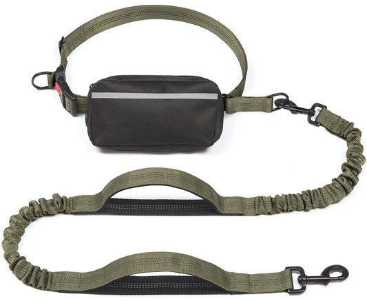 Hands-Free Dog Leash Set with Waist Belt and Storage Pouch, Shock-Absorbing Bungee Leash for Jogging, Walking, and Outdoor Adventures, Reflective Safety Design for Night Use (DarkGreen)