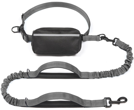 Hands-Free Dog Leash Set with Waist Belt and Storage Pouch, Shock-Absorbing Bungee Leash for Jogging, Walking, and Outdoor Adventures, Reflective Safety Design for Night Use (Grey)
