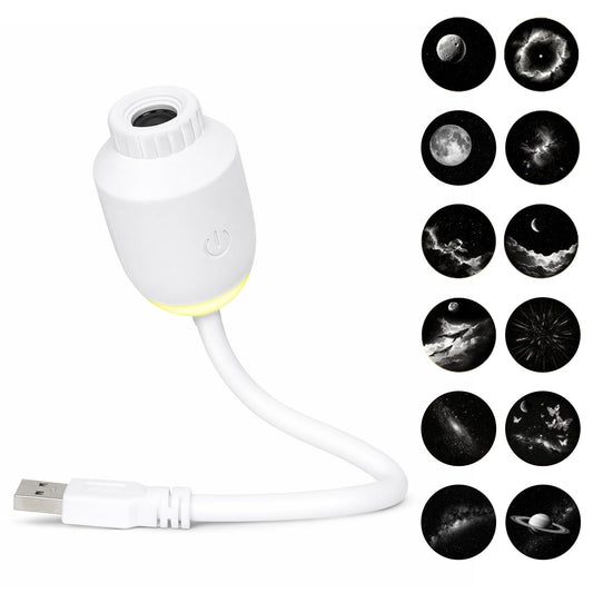 USB-Powered Star Projector Lamp with 12 Interchangeable Slides, Adjustable Focus and 160° Projection for Bedroom Decoration, Car Atmosphere, and Romantic Surprise Scenes (White)