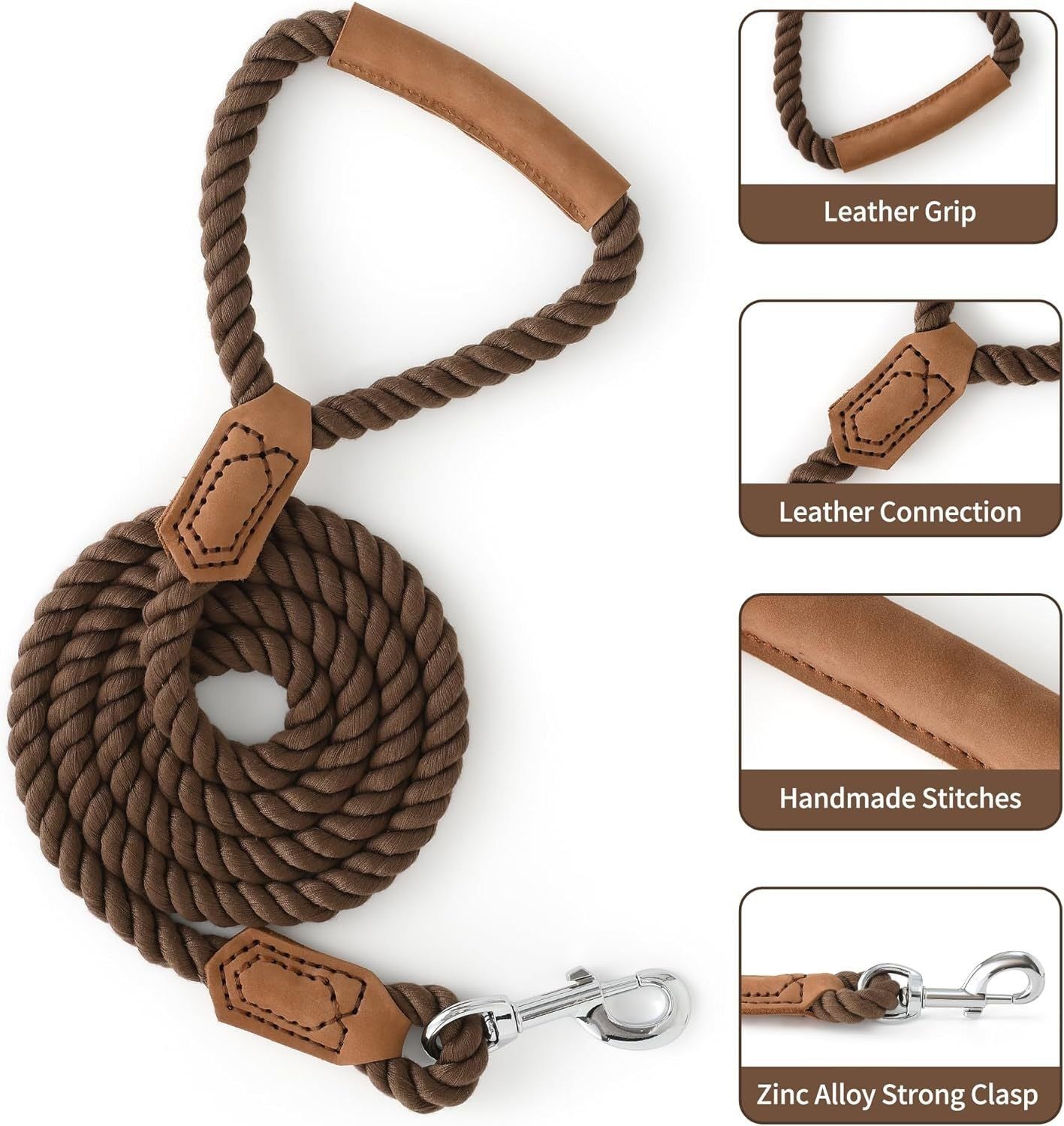 Classic Braided Dog Leash with Genuine Leather Handle and Heavy Duty Metal Clasp for Outdoor Walking, Training, and Control of Medium to Large Breeds (123cm, Brown)