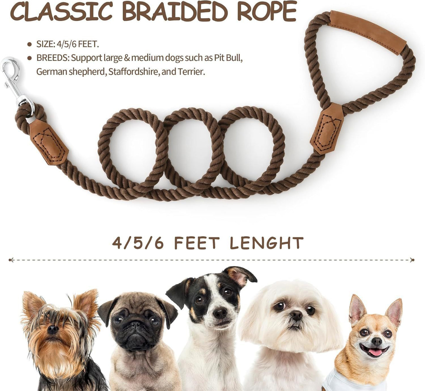 Classic Braided Dog Leash with Genuine Leather Handle and Heavy Duty Metal Clasp for Outdoor Walking, Training, and Control of Medium to Large Breeds (183cm, Brown)