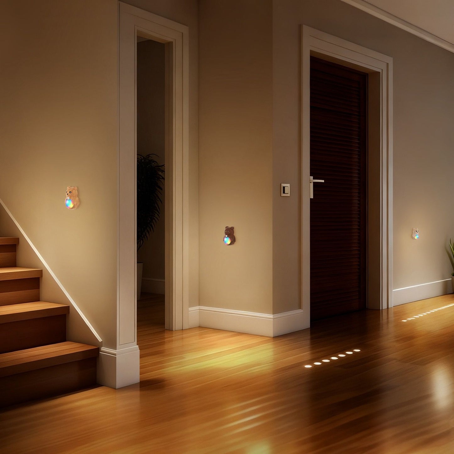 Adorable Cartoon Bear Magnetic Motion Sensor Night Light – Rechargeable LED Wall Lamp with Warm and Rainbow Glow, Cordless Stick-On Lighting for Bedroom, Hallway, Staircase, and Kitchen (Gold, 2PCS)
