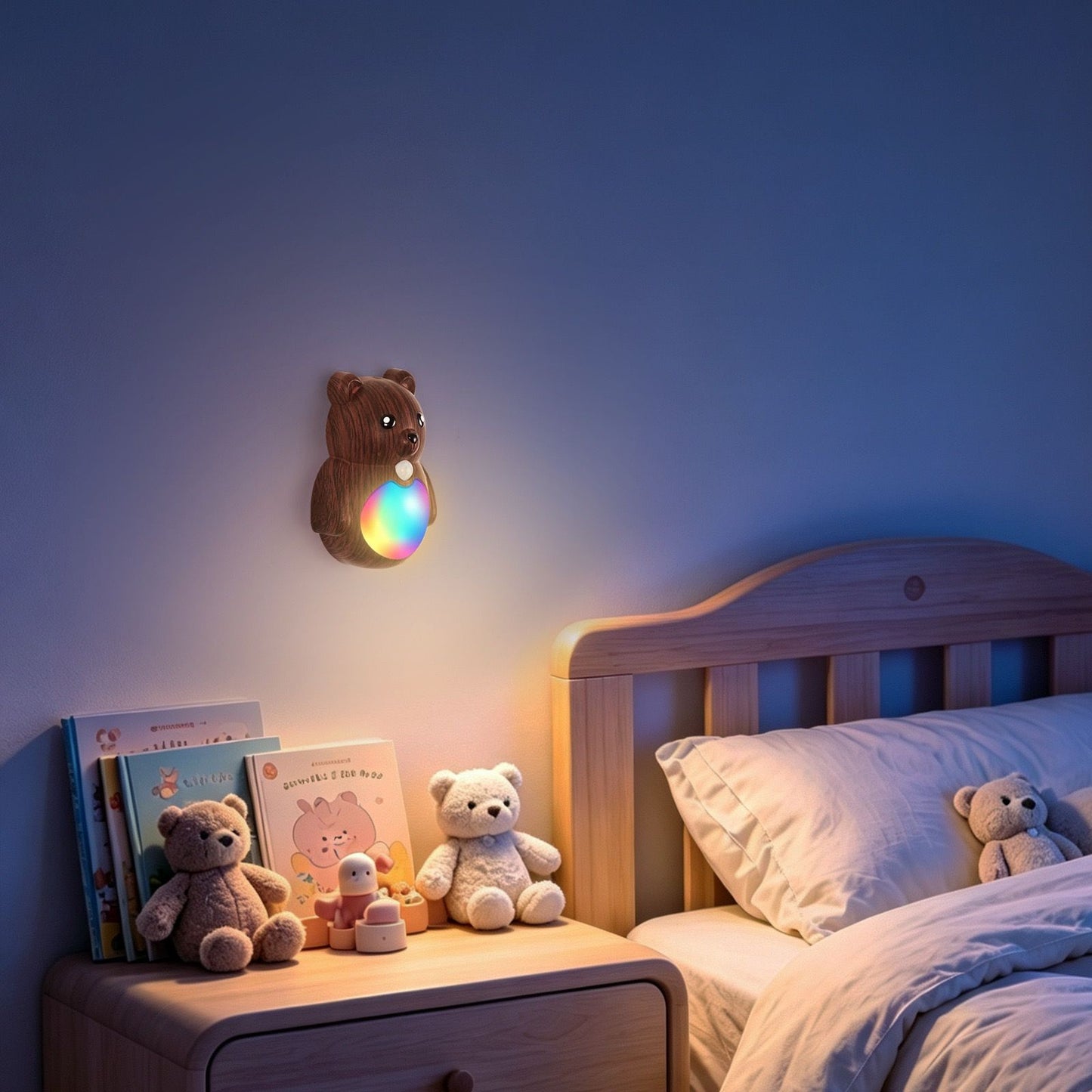Adorable Cartoon Bear Magnetic Motion Sensor Night Light – Rechargeable LED Wall Lamp with Warm and Rainbow Glow, Cordless Stick-On Lighting for Bedroom, Hallway, Staircase, and Kitchen (Gold, 3PCS)