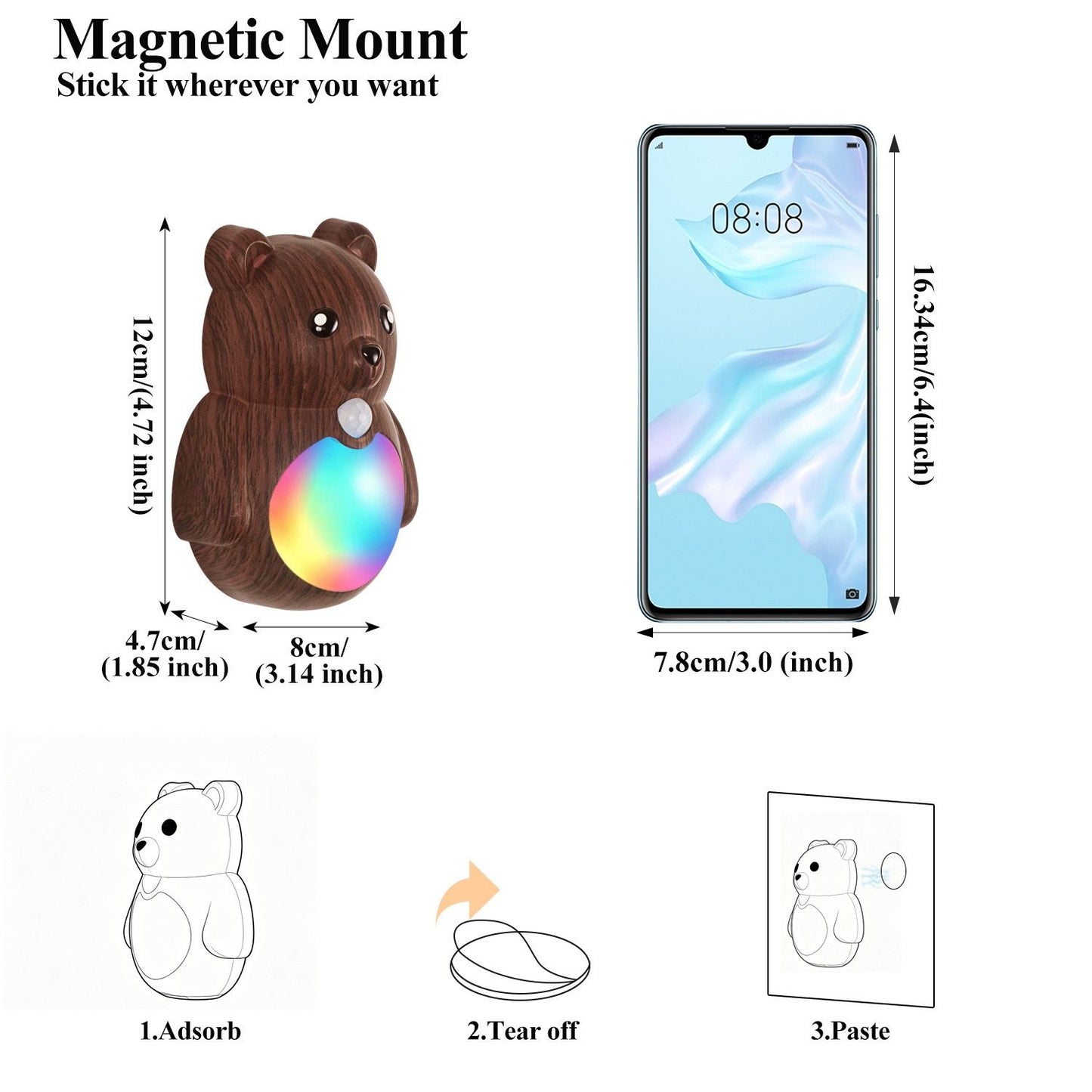 Adorable Cartoon Bear Magnetic Motion Sensor Night Light – Rechargeable LED Wall Lamp with Warm and Rainbow Glow, Cordless Stick-On Lighting for Bedroom, Hallway, Staircase, and Kitchen (Silver, 1PCS)