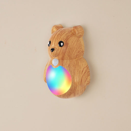 Adorable Cartoon Bear Magnetic Motion Sensor Night Light – Rechargeable LED Wall Lamp with Warm and Rainbow Glow, Cordless Stick-On Lighting for Bedroom, Hallway, Staircase, and Kitchen (Wood Grain, 2PCS)