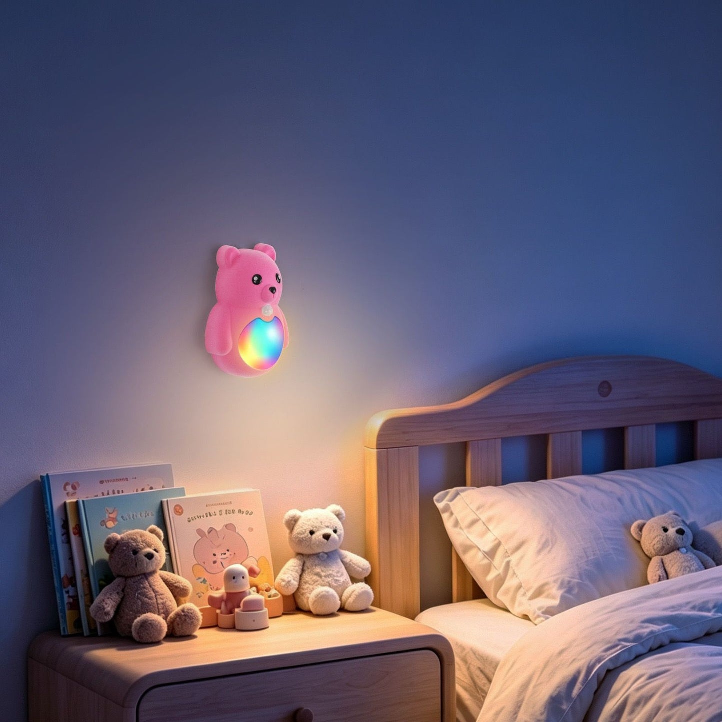 Cartoon Bear Motion Sensor Night Light, Rechargeable Magnetic Wall Lamp with Soft Plush Surface, Warm White and Rainbow Gradient Glow, Adorable Bear Shape for Nursery, Hallway, Stairs, Bedroom and Kitchen (3PCS, Pink)