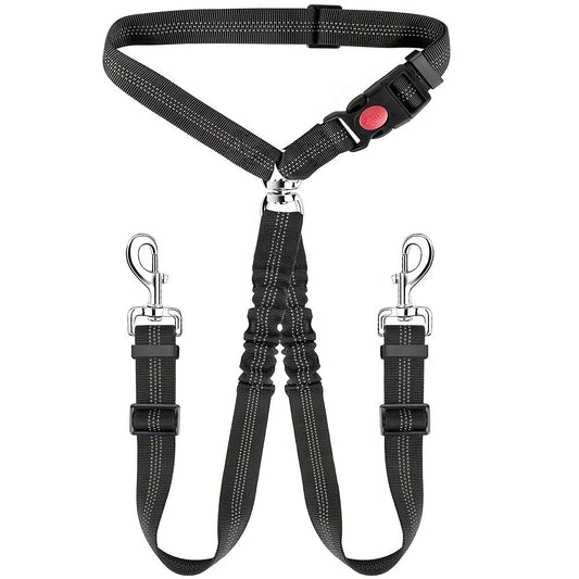 Dual-Head Pet Car Seat Belt with 360° Swivel Tangle-Free Leash for Two Dogs - Adjustable Safety Restraint for Car Travel and Outdoor Walking, Reflective Nylon Webbing (Black)