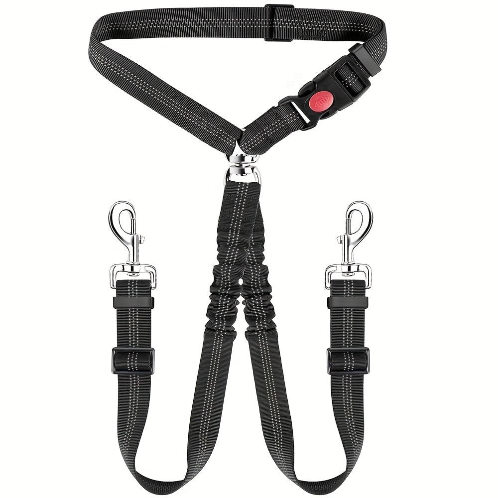 Dual-Head Pet Car Seat Belt with 360° Swivel Tangle-Free Leash for Two Dogs - Adjustable Safety Restraint for Car Travel and Outdoor Walking, Reflective Nylon Webbing (Grey)