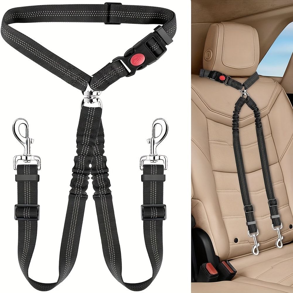 Dual-Head Pet Car Seat Belt with 360° Swivel Tangle-Free Leash for Two Dogs - Adjustable Safety Restraint for Car Travel and Outdoor Walking, Reflective Nylon Webbing (Orange)