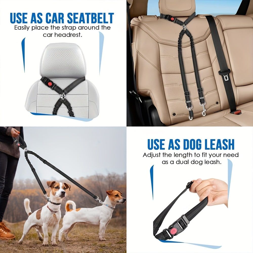 Dual-Head Pet Car Seat Belt with 360° Swivel Tangle-Free Leash for Two Dogs - Adjustable Safety Restraint for Car Travel and Outdoor Walking, Reflective Nylon Webbing (Purple)