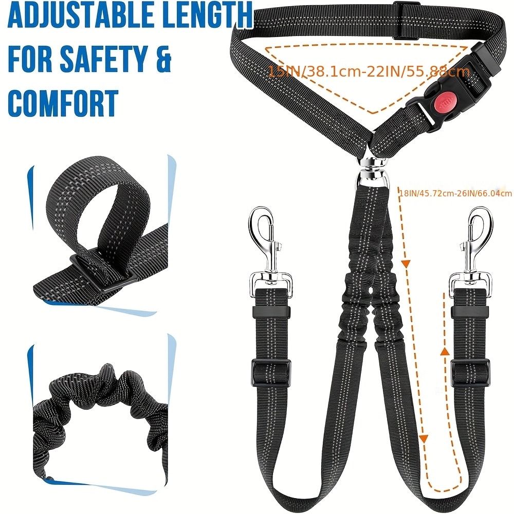Dual-Head Pet Car Seat Belt with 360° Swivel Tangle-Free Leash for Two Dogs - Adjustable Safety Restraint for Car Travel and Outdoor Walking, Reflective Nylon Webbing (Purple)